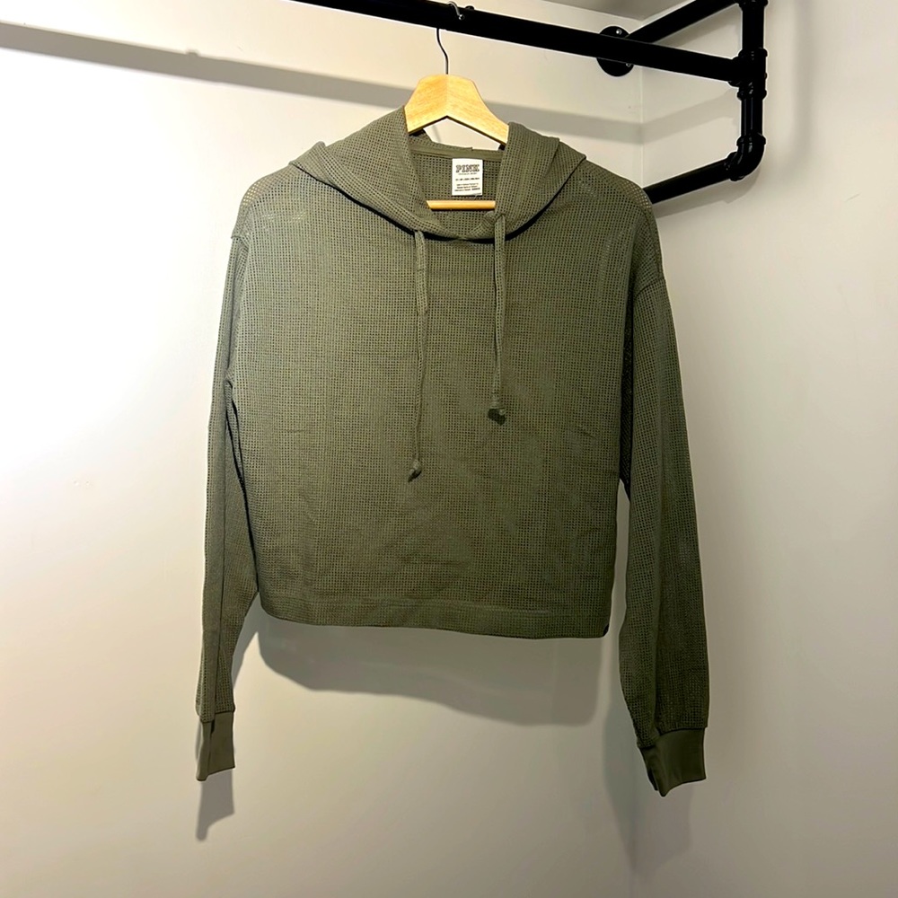 PINK crop mesh olive green long sleeve